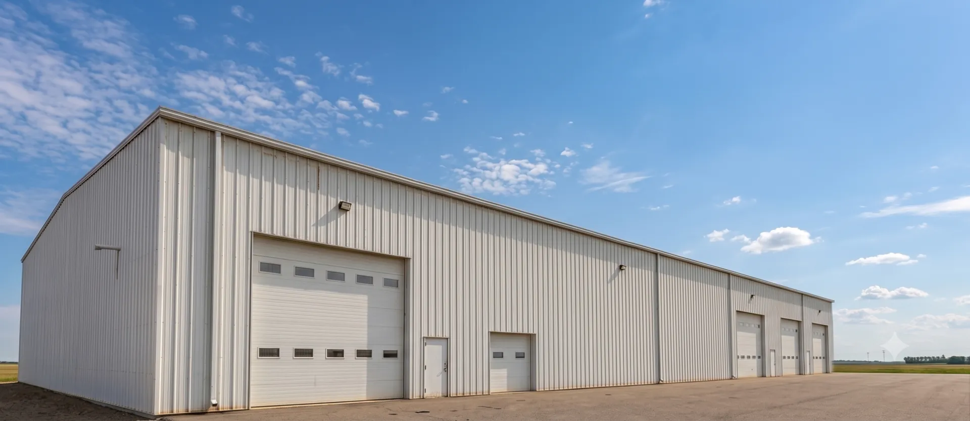 Interior of a large insulated steel shop with bright finished walls and ceiling