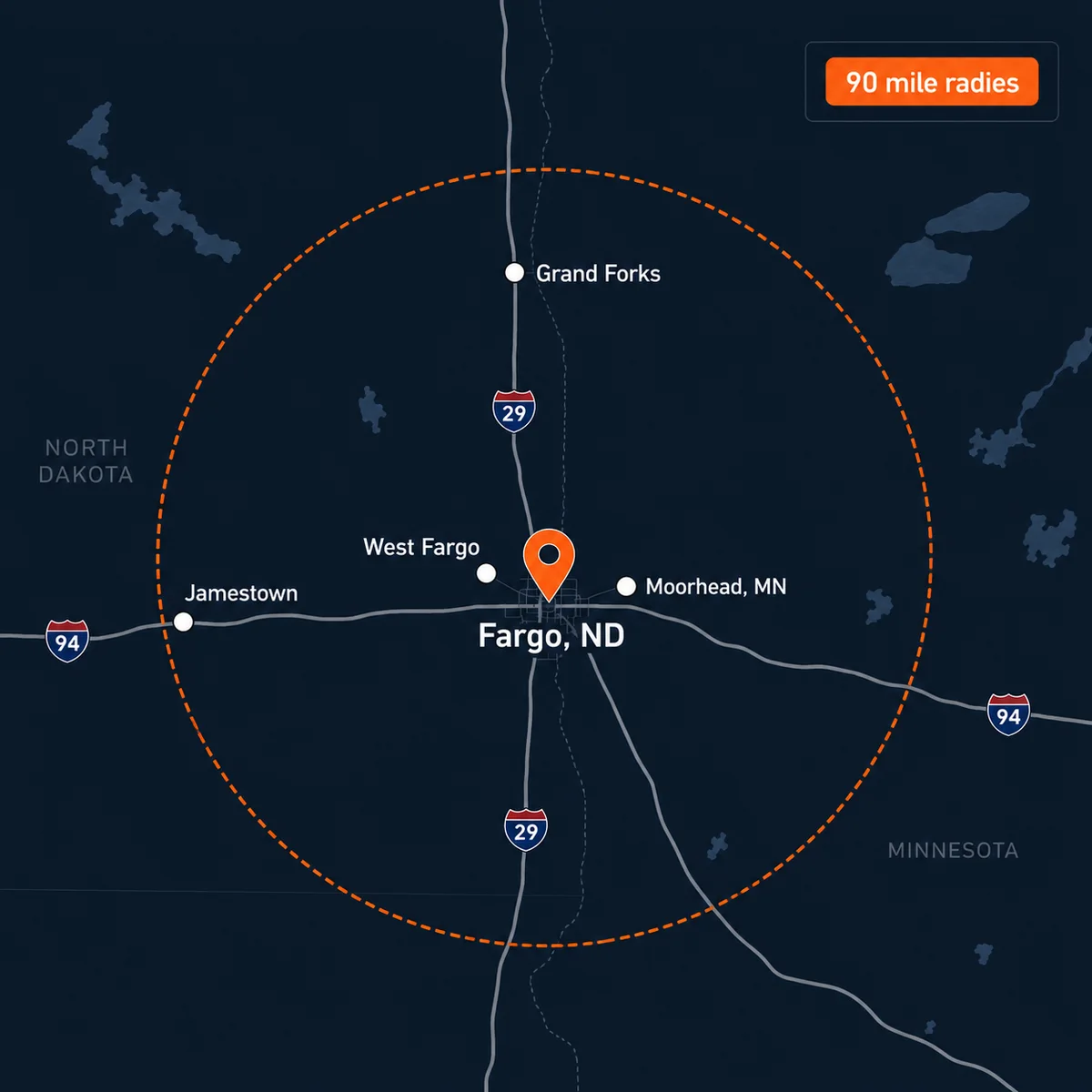 Map showing Century's ~90 mile service radius centered on Fargo, ND, reaching Grand Forks, Jamestown, and Moorhead, MN